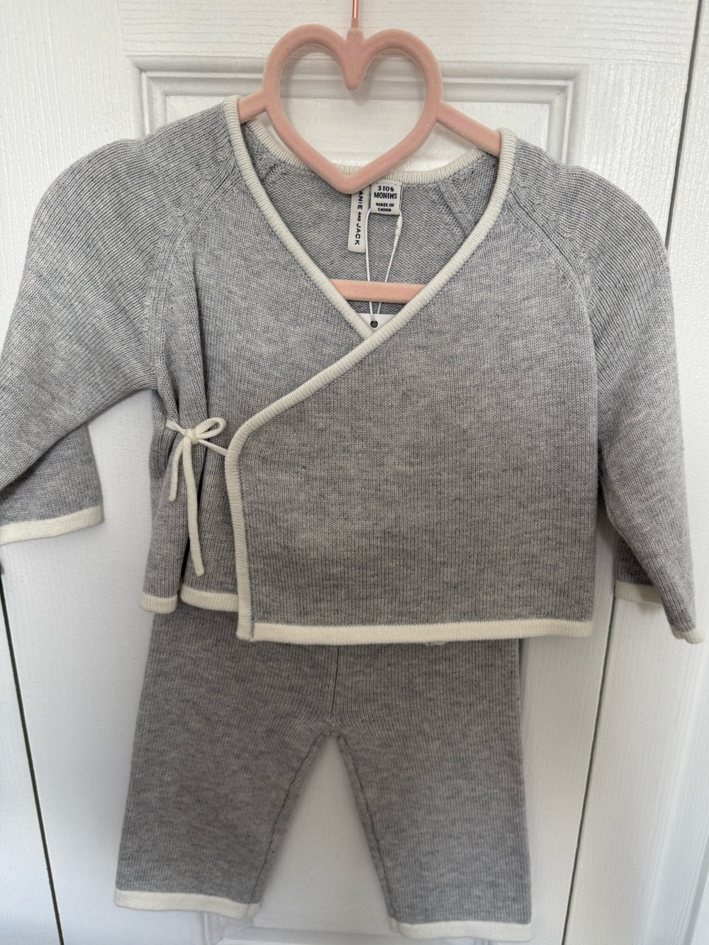 Janie and Jack Gray Knit Wrap Pajama Set with Cream Trim